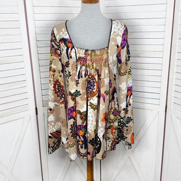 Mystery Mexican Print Smocked Top Bell Sleeve Tunic Shirt Tan Multi Medium - Picture 1 of 13
